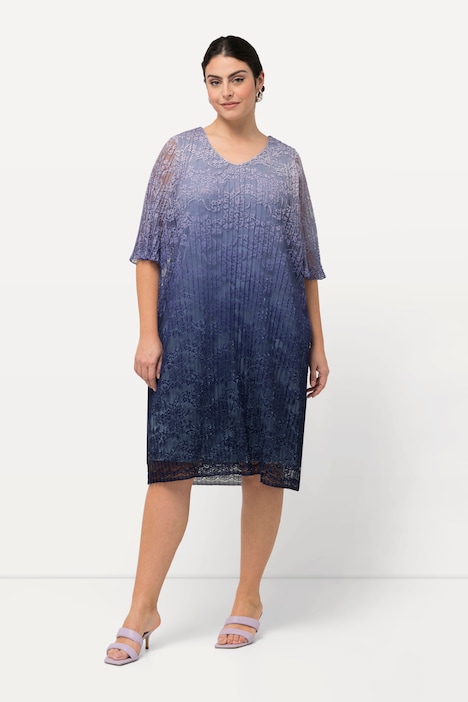 Midikleid, plissierte Spitze, V-Ausschnitt, Halbarm