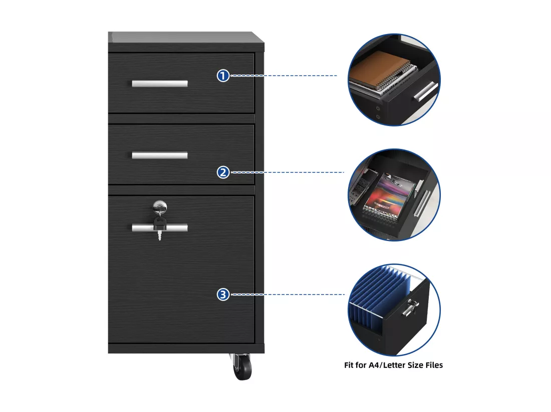 YITAHOME Armoire de Classement Mobile en Bois à 3 tiroirs, Armoire de Rangement avec Verrouillable, Noir