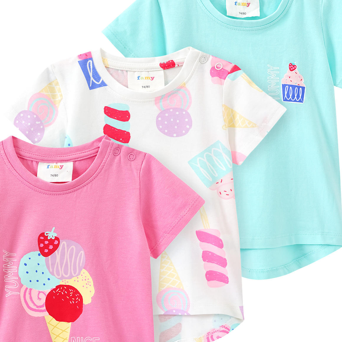 Famy 3 Baby T-Shirts mit bunten Motiven rosa / helltürkis / weiss