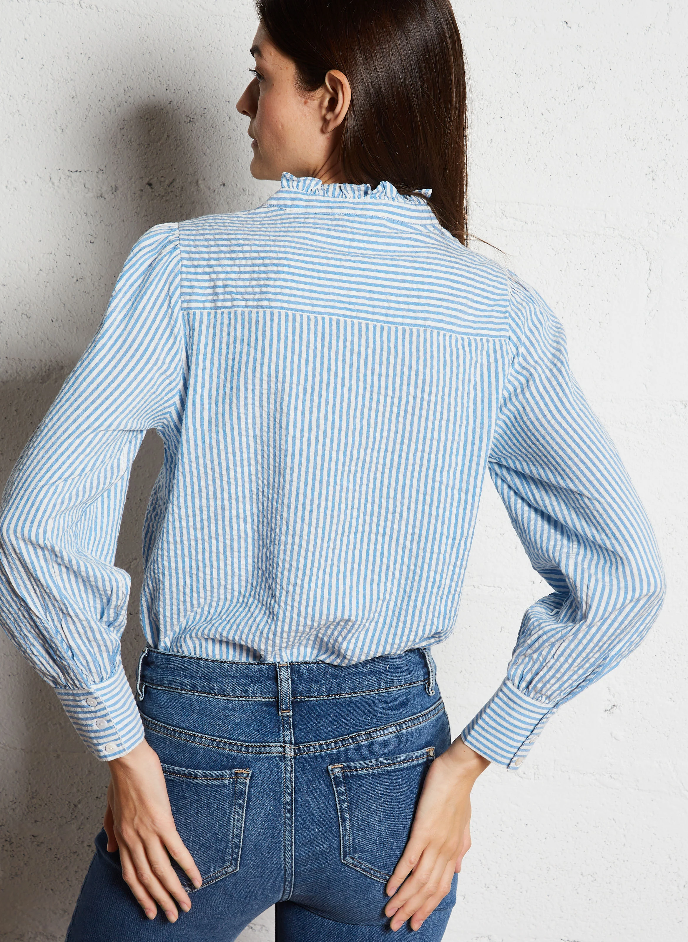 BRITANIE - Chemise droite col montant en coton mélangé | Bleu