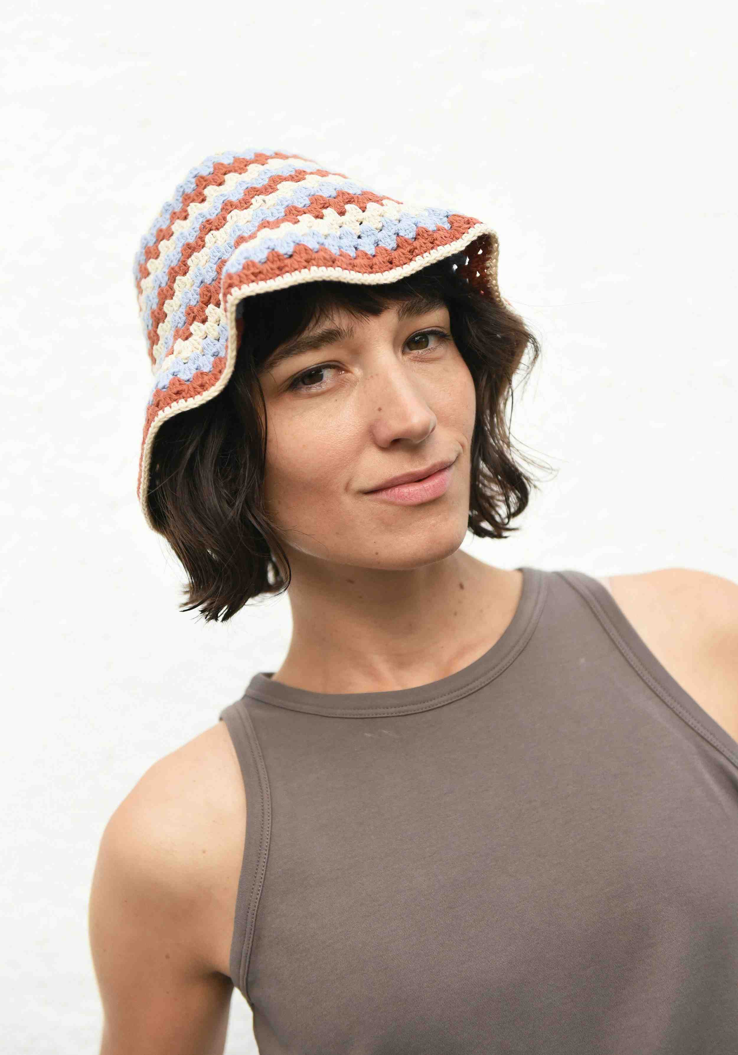 Jungle Folk Hut Crochet Bucket Hat Natural/Ice Blue/Brick