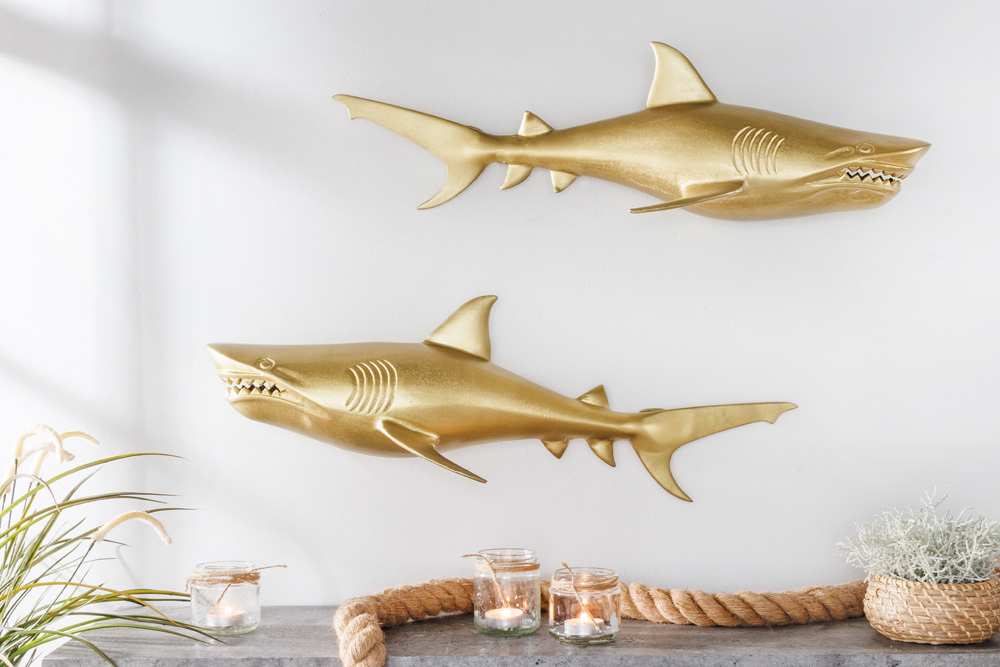 Maritime 2er Set Wanddekoration HAIE 68cm gold Metall handmade Haifisch Design Skulptur