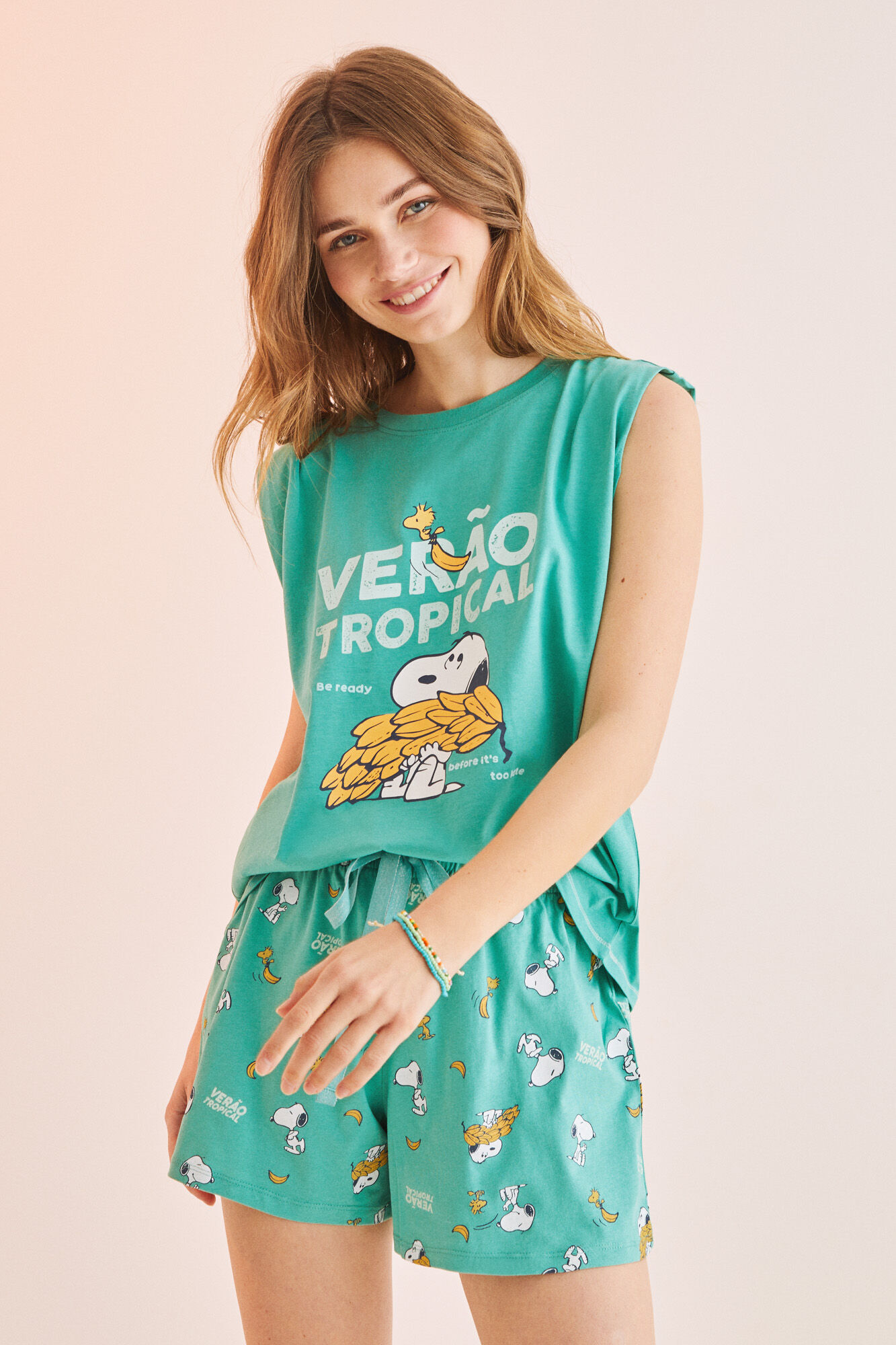 Pijama curto Snoopy Melancia com alças, 100% algodão - Verde