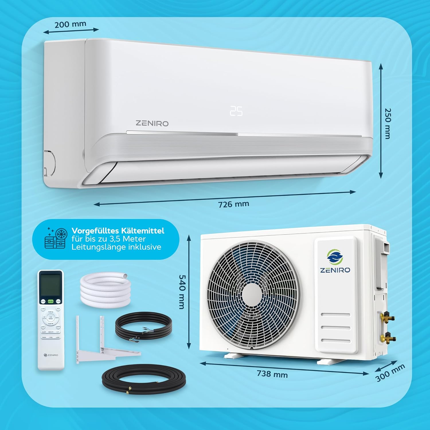 Split Klimaanlage Klimagerät Set Air Conditioner mit Heizfunktion 12000 BTU 3,5kW A++ WiFi/App-Steuerung 4D AirFlow Auto Reinigung inkl. Montagematerial Vorgefüllt R32