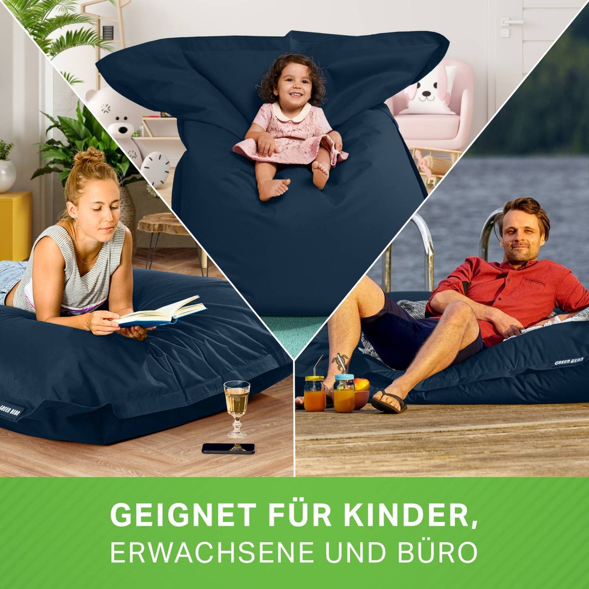 Green Bean Zitzak 120x160cm 270 liter Kinderen & Volwassenen Zitzak EPS Kralenvulling Reuze Zitzak Grote Buitenligstoel Wasbaar Weerbestendig Zitkussen Vloerkussen Donkerblauw