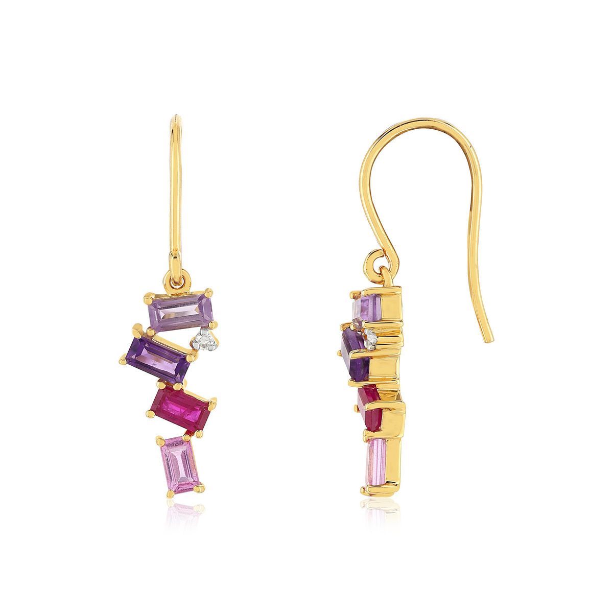 Boucles d'oreilles or 375 jaune diamants pierres fines et précieuses