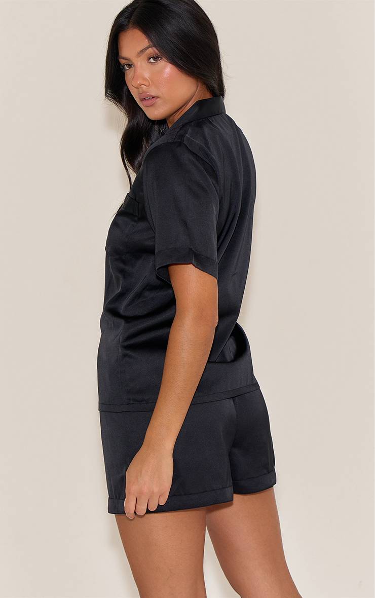 Noir Ensemble Pyjama Court En Satin À Manches Courtes