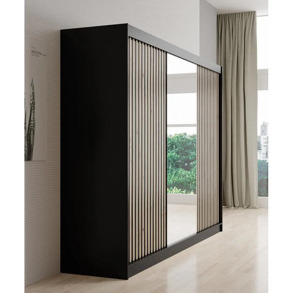 Meubella - Kledingkast Lisbon 2 - Zwart - 250 cm - Met spiegel