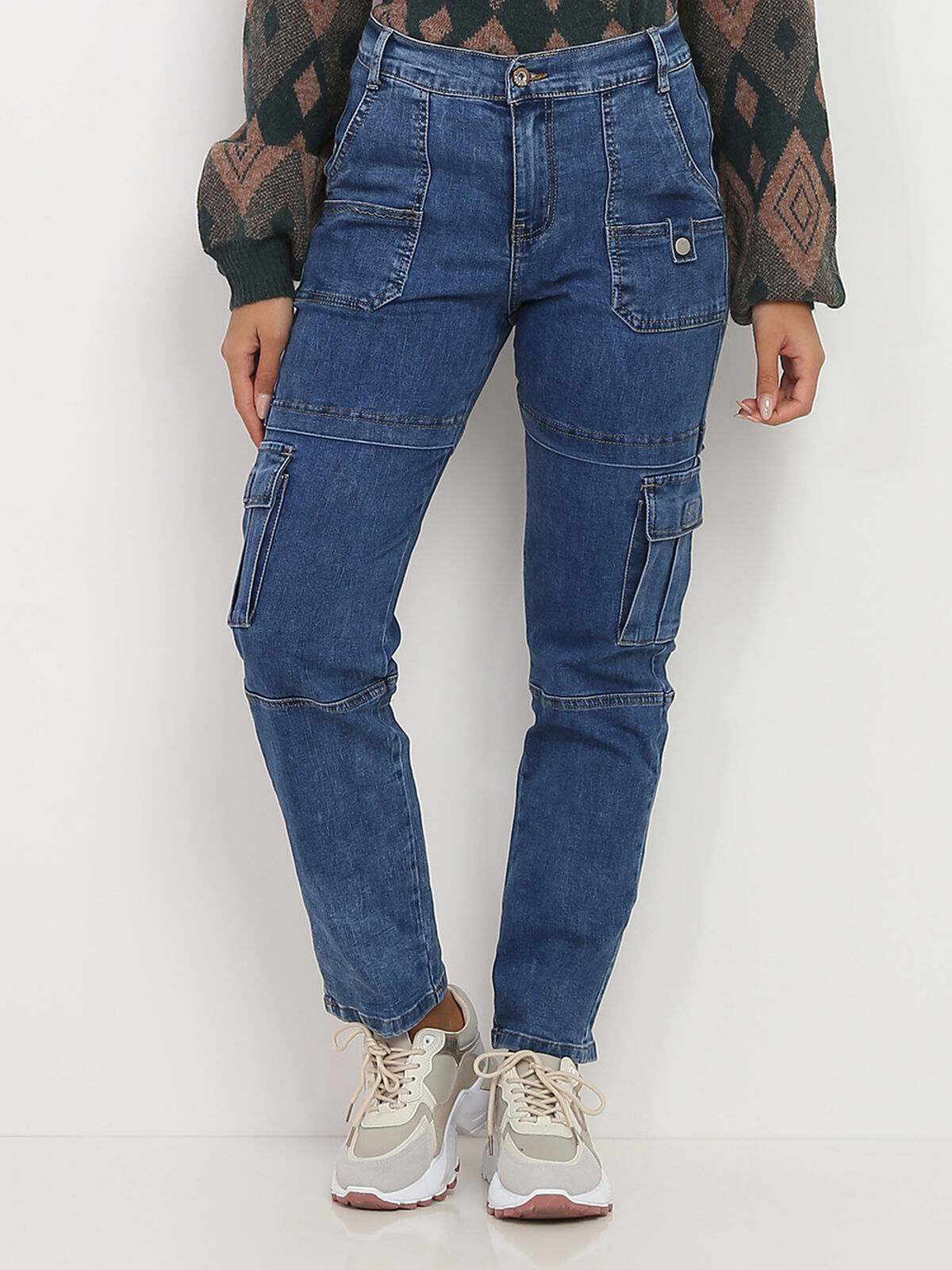 Jean boyfriend à poches style cargo- Bleu