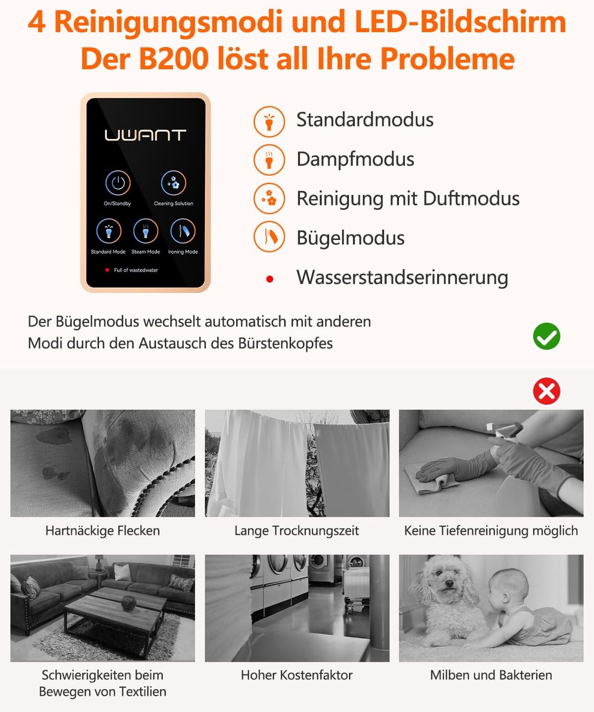Uwant B200, Polsterreiniger Gerät, 1900W, Dampfreinigungsfunktion | Für Teppiche, Sofas, Vorhänge, Kleidung | 74DB, 12000Pa