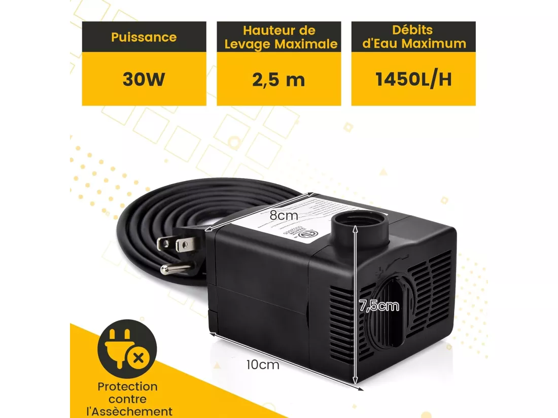 Mini Pompe à Eau Submersible 1450L/H 30W, Pompe Aquarium avec Levage Élevé de 2,50 m 3 Buses Différentes et Cordon d'Alimentation de 1,83 m, pour Fontaine Hydroponique Étang