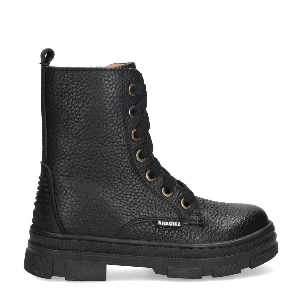 Braqeez Giselle Gripchunky leren veterboots zwart