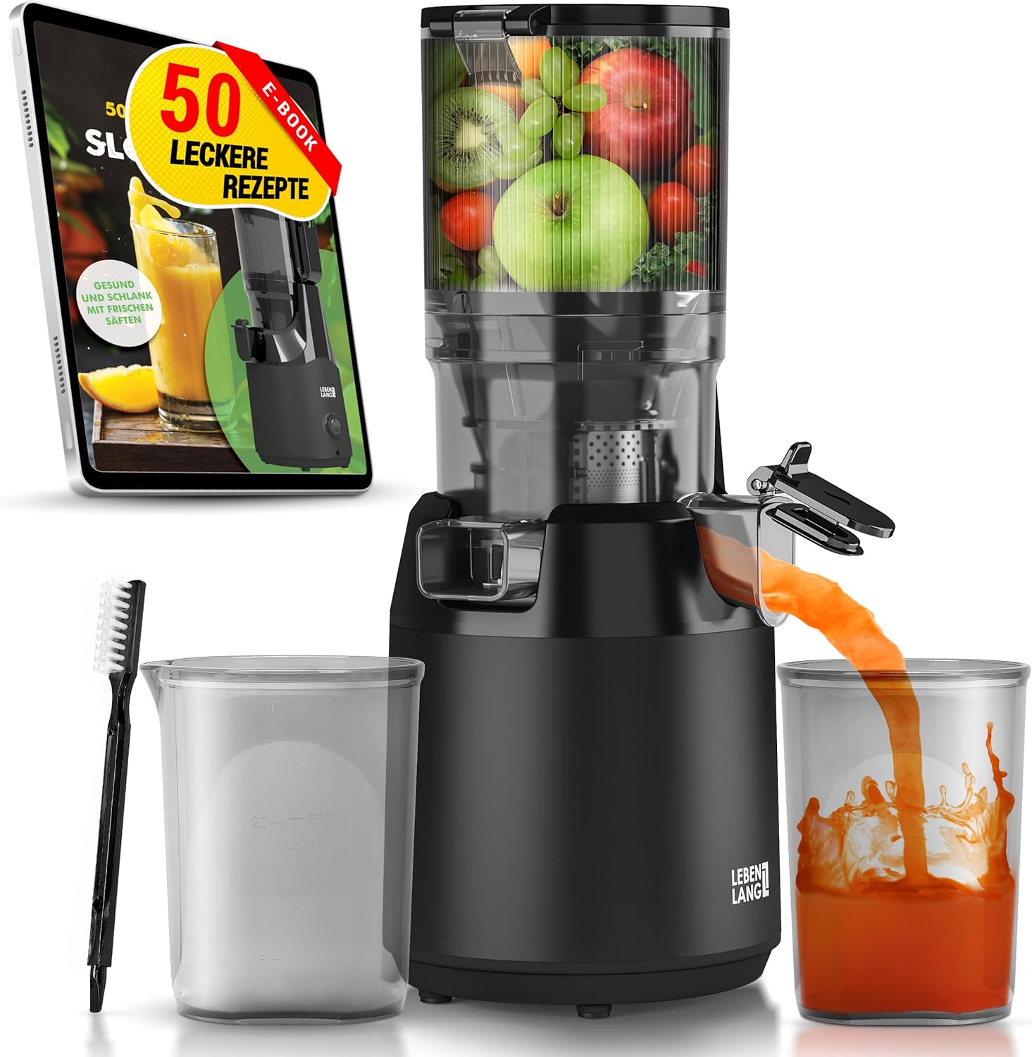 LEBENLANG Entsafter Slow Juicer - Inkl. Rezeptbuch & Große 135mm Öffnung I Perfekt für Obst ganze Früchte und Gemüse 100% BPA-Frei I Best Juicer Machine Saftpresse elektrisch Masticating Green Press