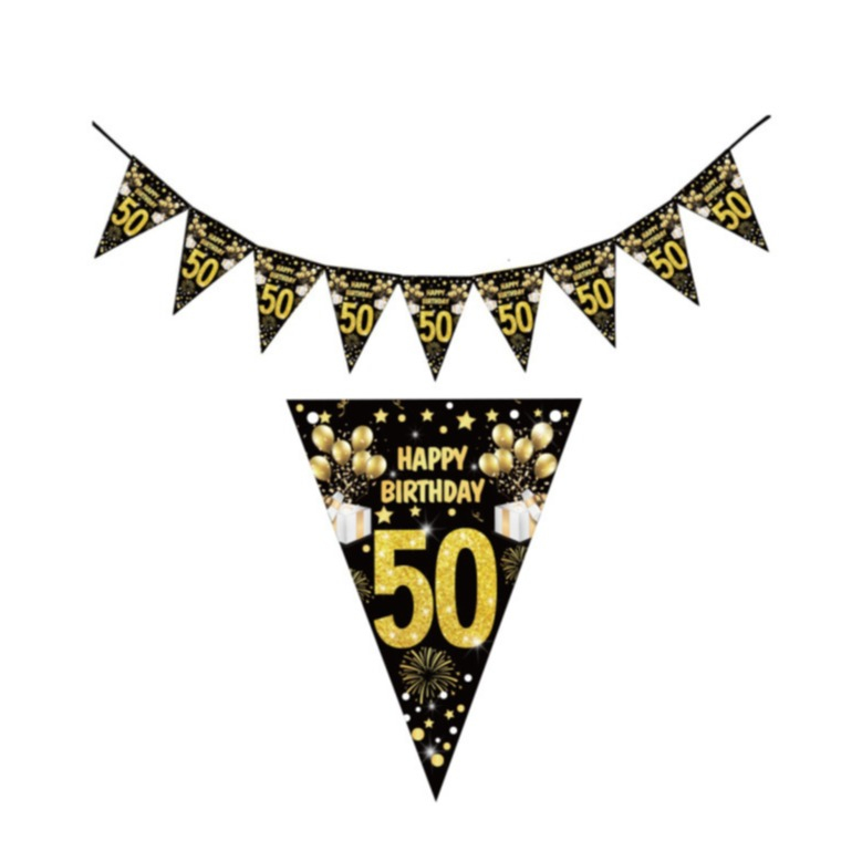 (2m) Happy Birthday Girlande 50. Geburtstag Party Dekoration Wimpelkette Accessoire Banner - Schwarz / Gold