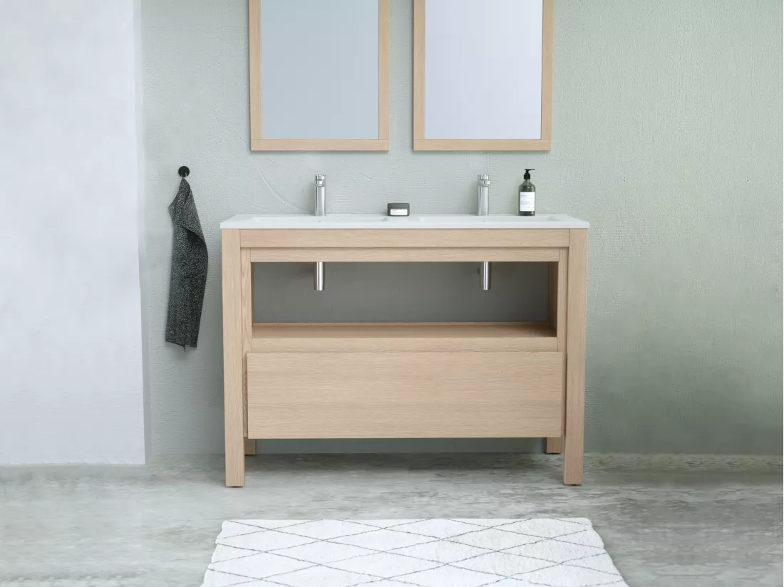 Meuble sous vasque avec niche de rangement - Placage chêne - 120 cm - COSMOTI