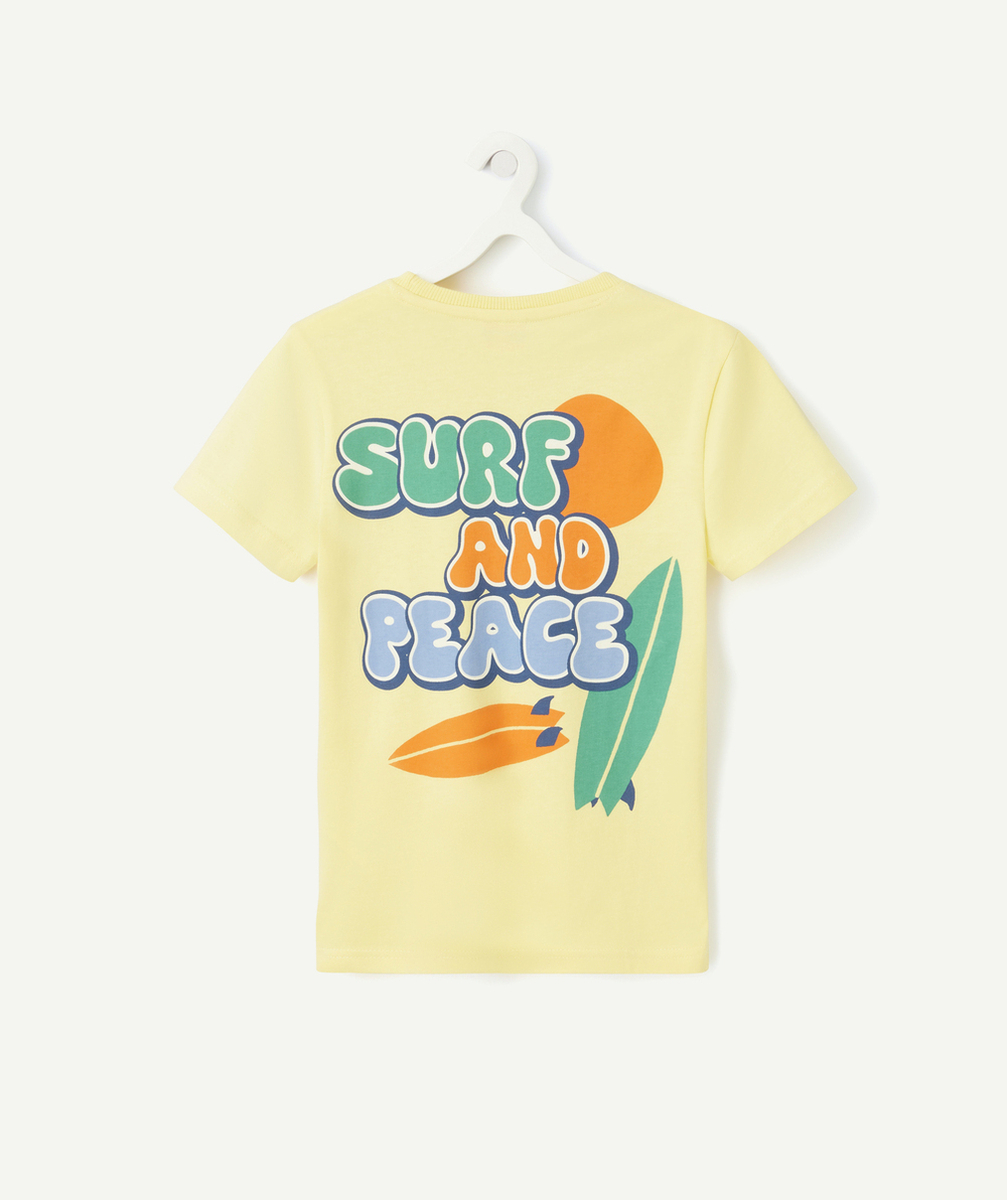 t-shirt garçon en coton bio jaune avec messages colorés dans le dos et au coeur