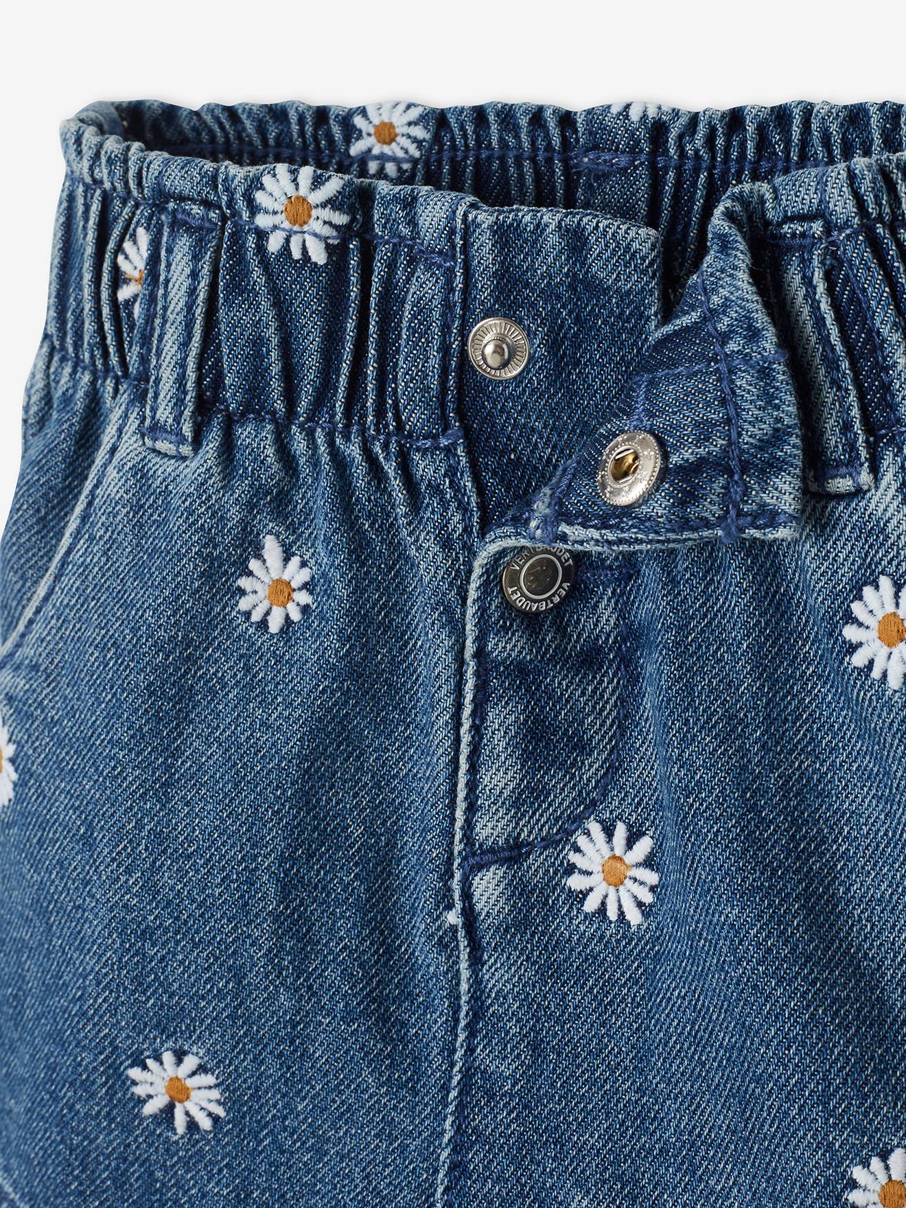 Calções de ganga com flores bordadas, para bebé, lavagem azul escura