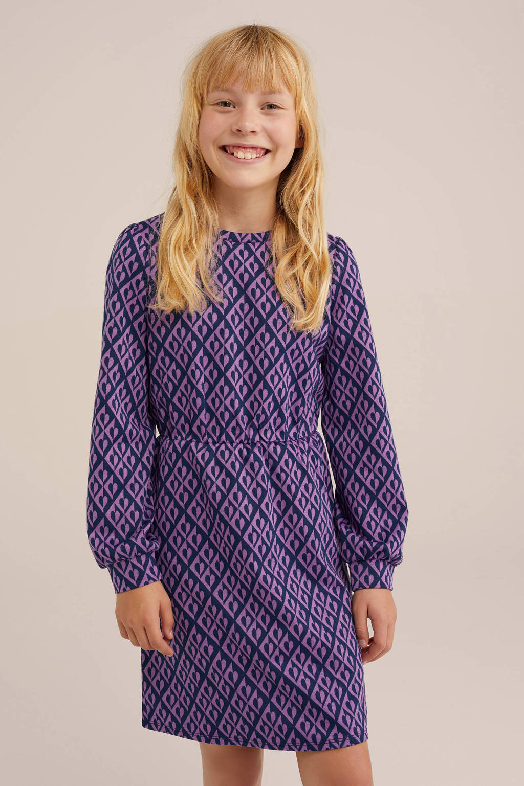 WE Fashion jurk met all over print donkerblauw/paars