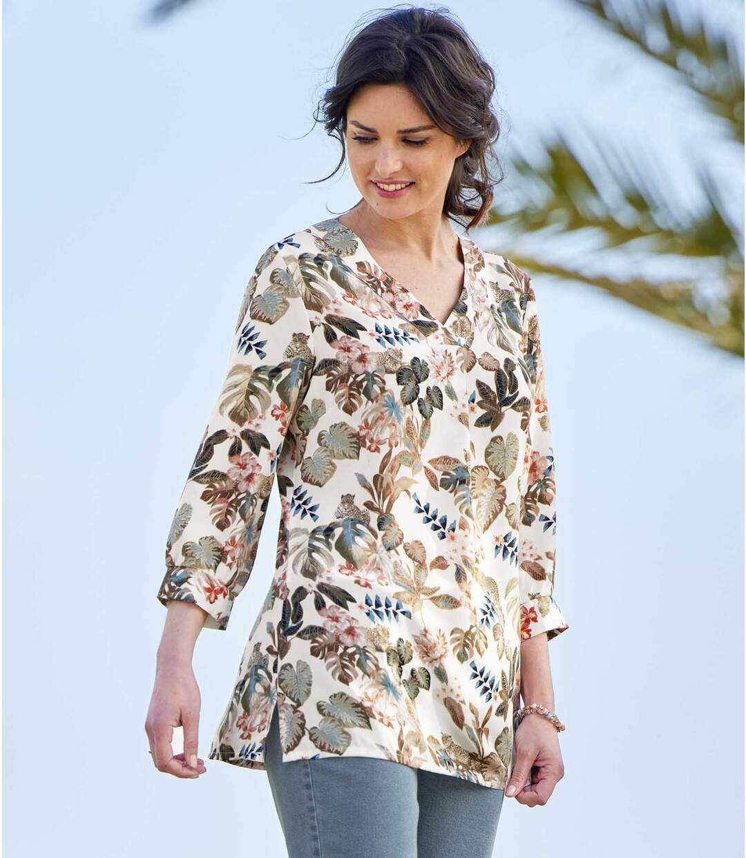 Blouse en Crêpe Imprimé Fleuri et Léopard