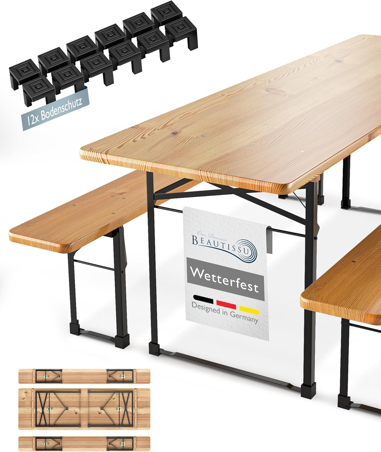 Beautissu 3tlg Bierzeltgarnitur 220x50 cm Holz - 1x Biertischgarnitur & 2x Bierbank Biertisch Bierzeltgarnitur klappbar - FSC® Bierbankgarnitur Biergartengarnitur Festzeltgarnitur Campingtisch Outdoor