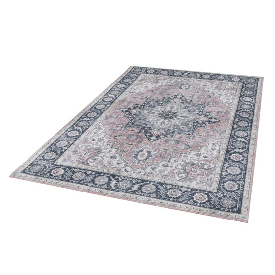 Tapis doux à motif oriental - yasmine - bleu nuit et rose - 160 x 230 cm
