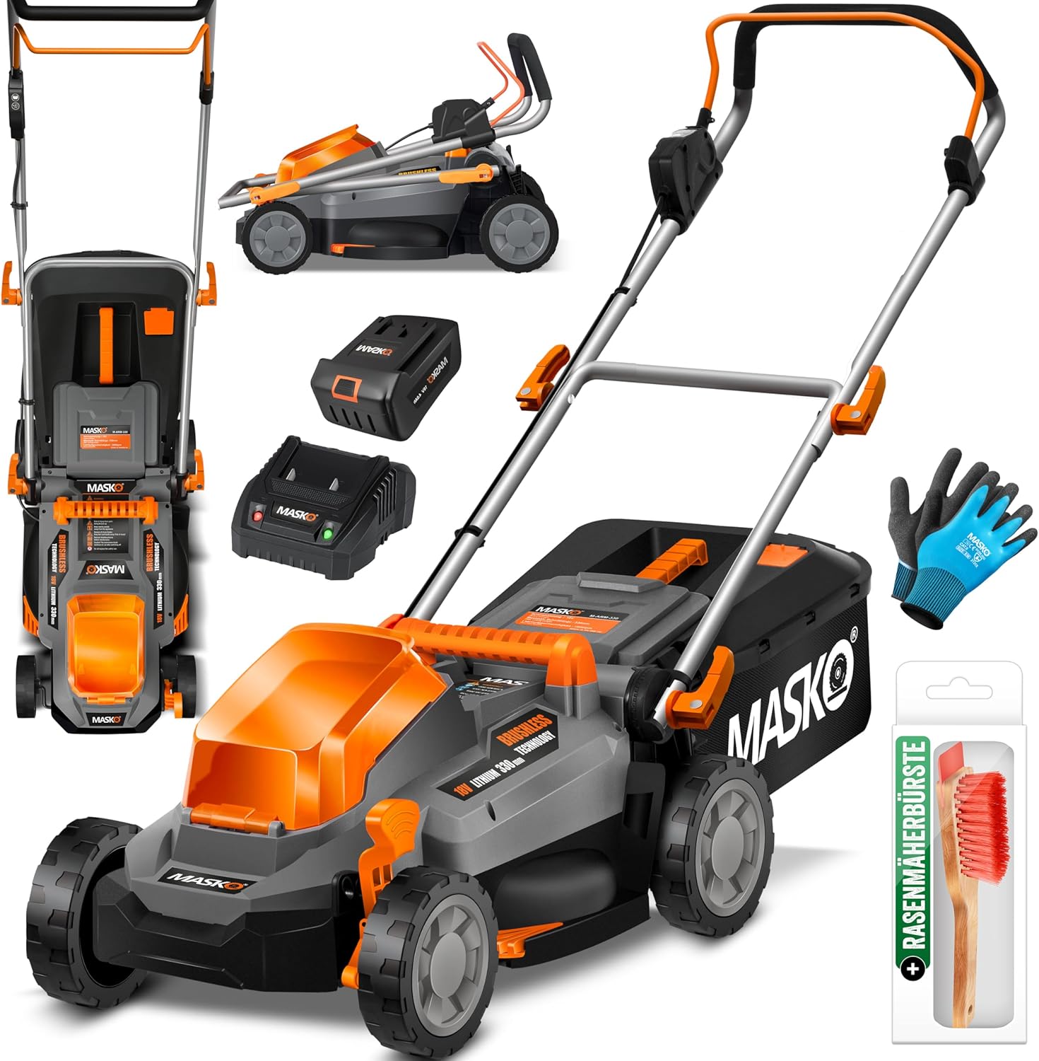 MASKO® Akku Rasenmäher mit Mulchfunktion, Akku Li-Ion Batterie 4Ah & Ladegerät Rasentrimmer 33cm Schnitt-Breite 5X Höhenverstellbar 30L Fangkorb Flächen bis 150m² inkl. Handschuhe & Bürste