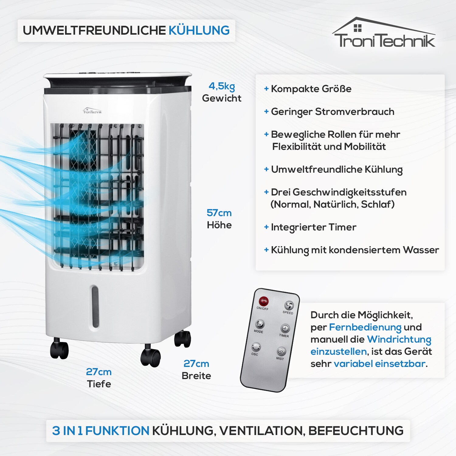 TroniTechnik® Mobiles Klimagerät 3in1 Klimaanlage Luftkühler LK02 Ventilator, inkl. Fernbedienung, Filter, 3in1 Air Cooler
