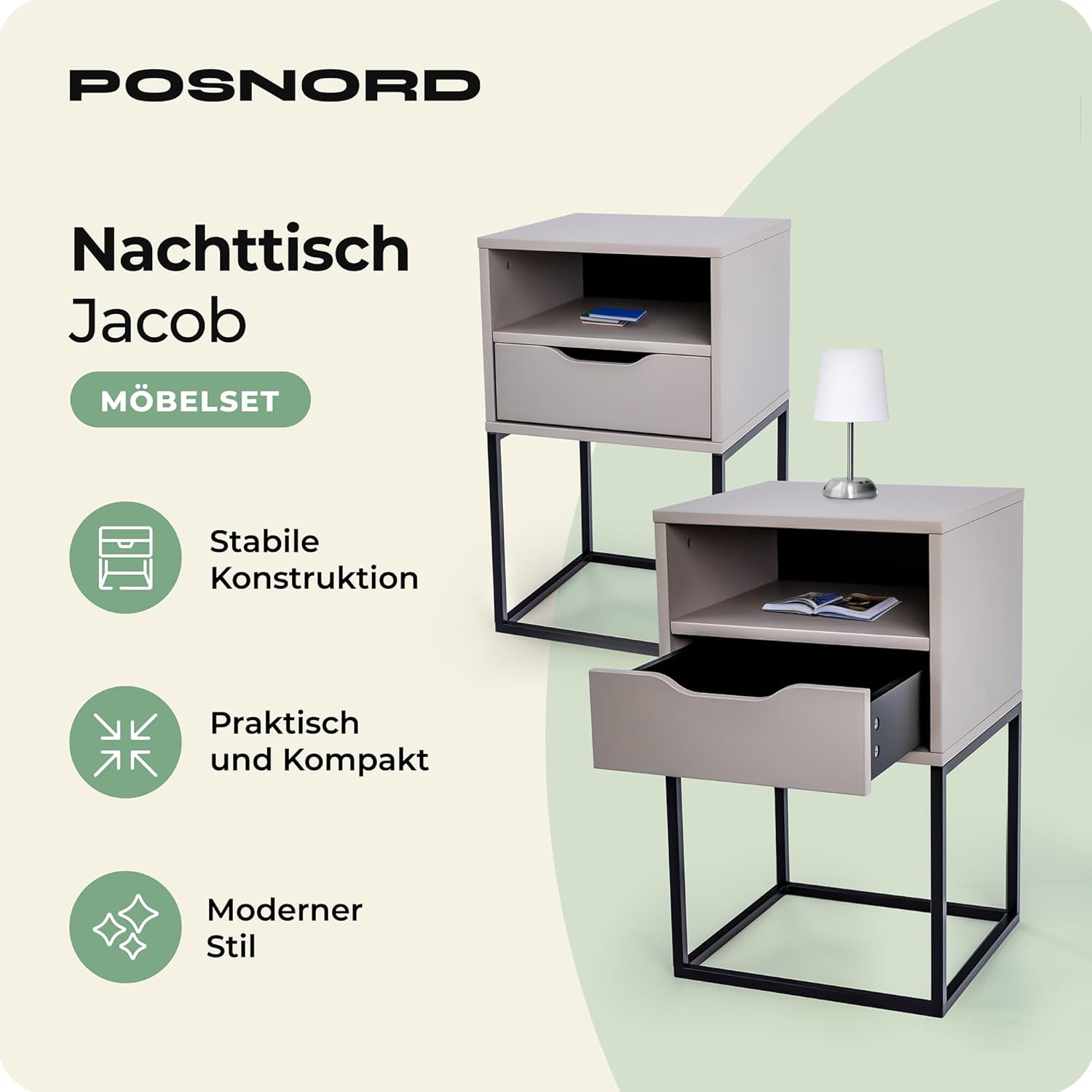 2er-Set Nachttische Rechteckig MDF, Metallgestell, Beige mit Schublade, Lackiert, Einfach Montage, 38x36x63cm