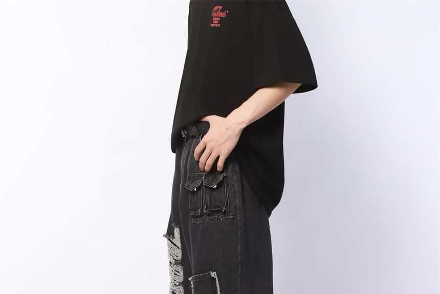 AXEN - Mid Rise Washed Ripped Flared Cargo Jeans