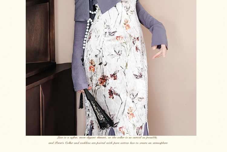 Nebbia - Set: Mouwloze maxi-jurk van fluweel met mandarijnkraag en bloemenpatroon + lange mouwloze crop top met één schouder