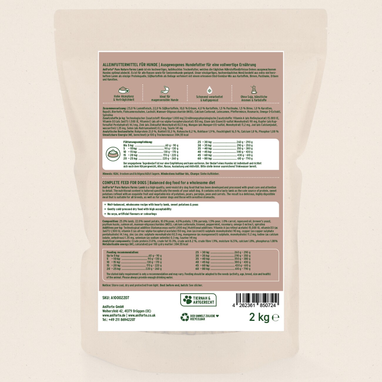 AniForte Trockenfutter FarmsLamb - herzhaftes Lamm mit Süsskartoffeln 2 kg