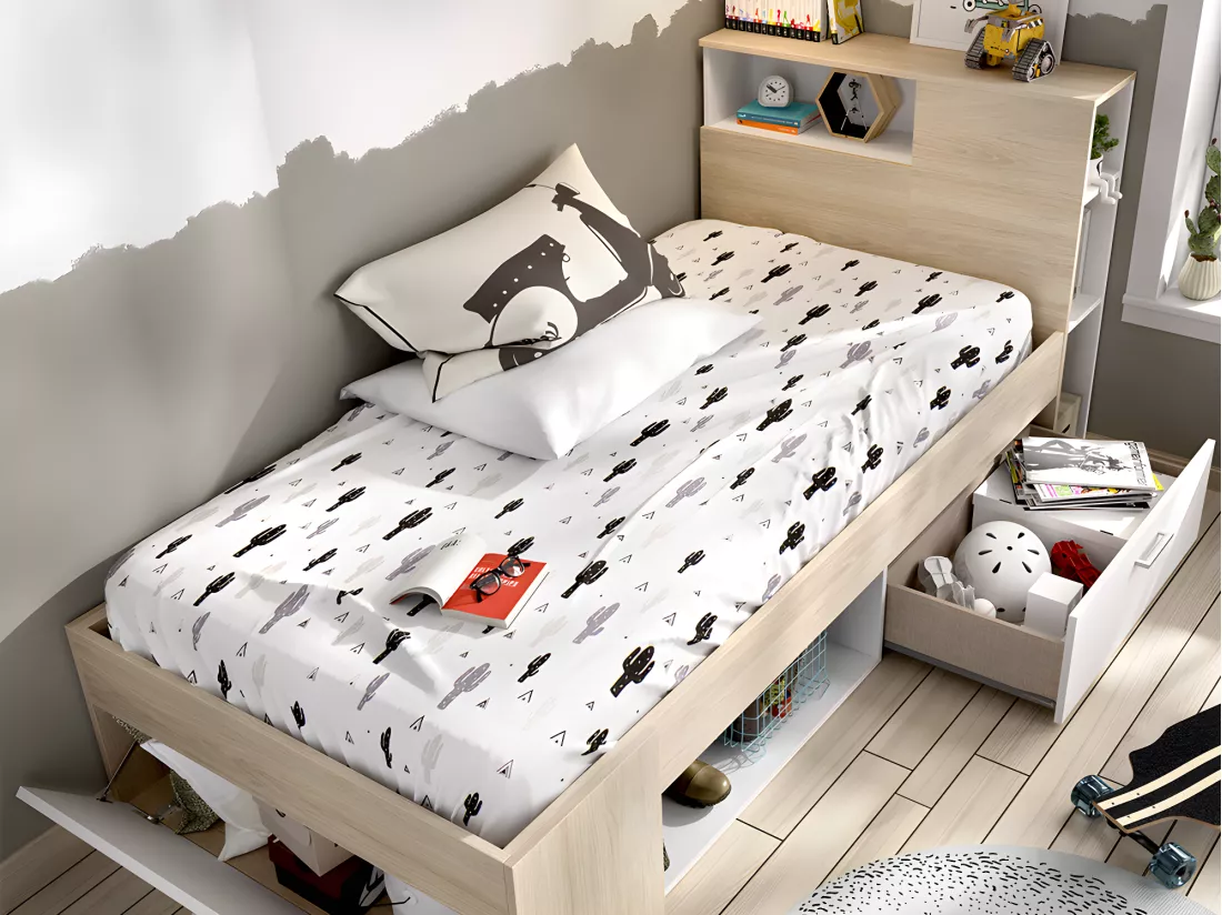 Lit avec tête de lit rangements et tiroir - 90 x 190 cm - Blanc et Naturel - LEANDRE