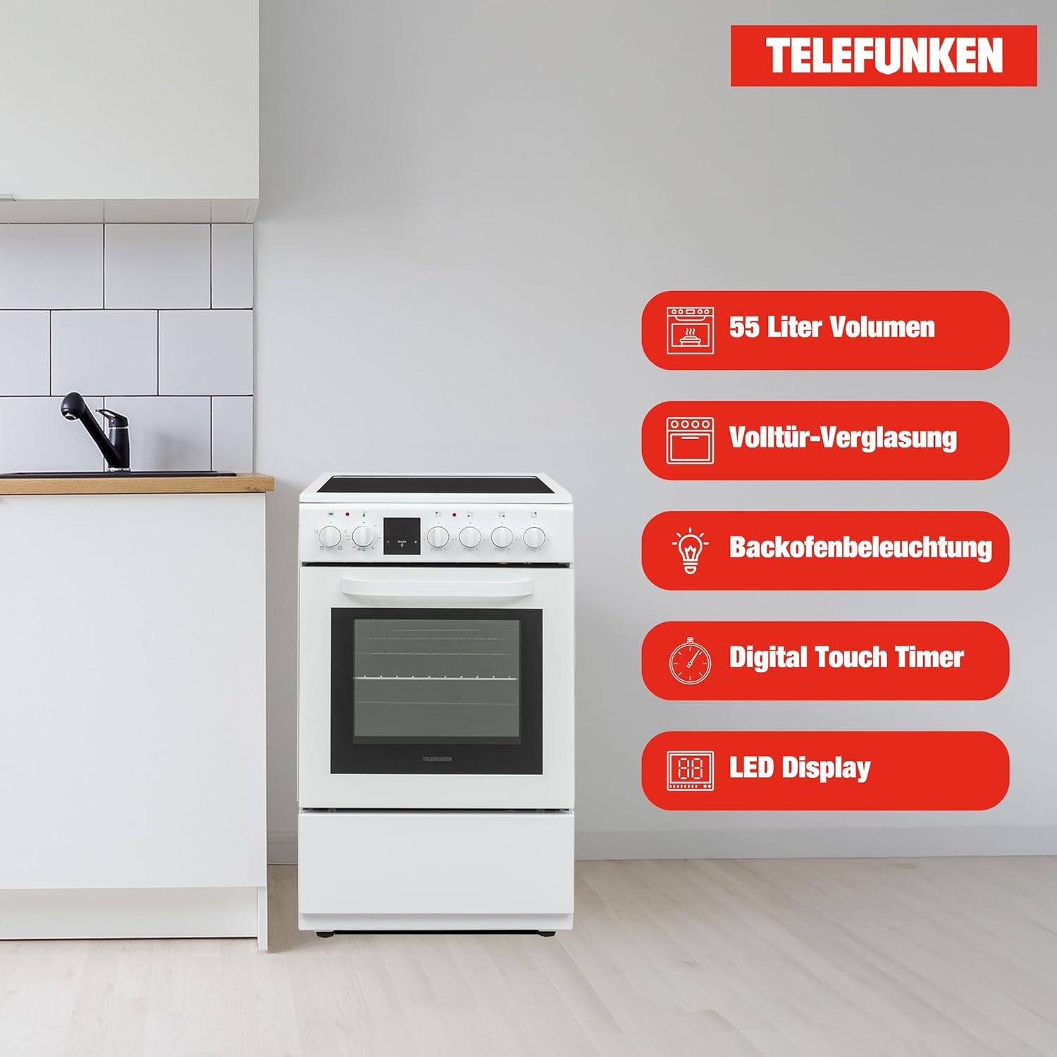 Telefunken Standherd mit Glaskeramik-Kochfeld | Elektroherd freistehend 50 cm breit | Herd mit Backofen und Kochfeld | 55 Liter | 5 Betriebsarten | 4 Kochzonen | LED-Display | EEK A | Weiß | BSHC55AI