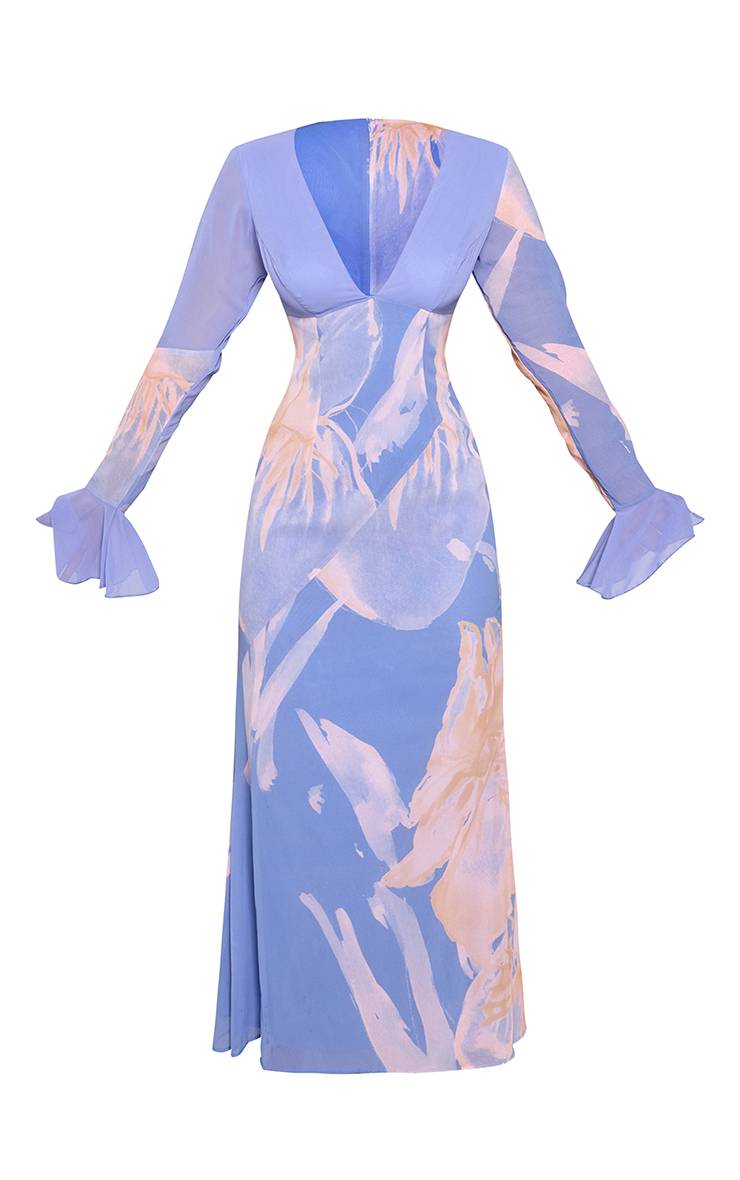Bleu Robe Maxi À Décolleté Plongeant Avec Manches Évasées Et Imprimé Floral Ajustée