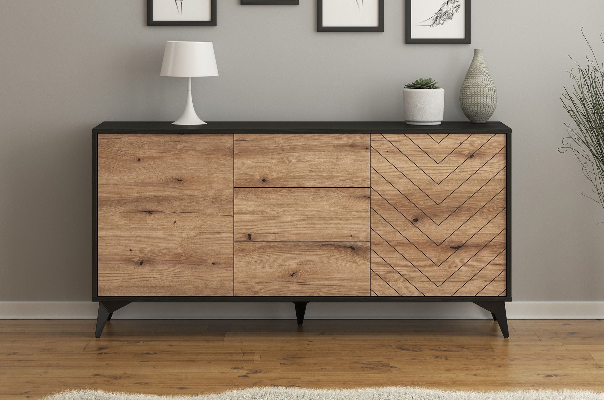 Meubella - Dressoir Dolores - Eiken - Zwart - 154 cm - met lades