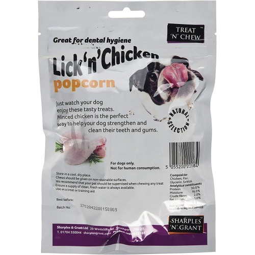 Petiscos de pipoca Lick 'N' Chicken para cães
