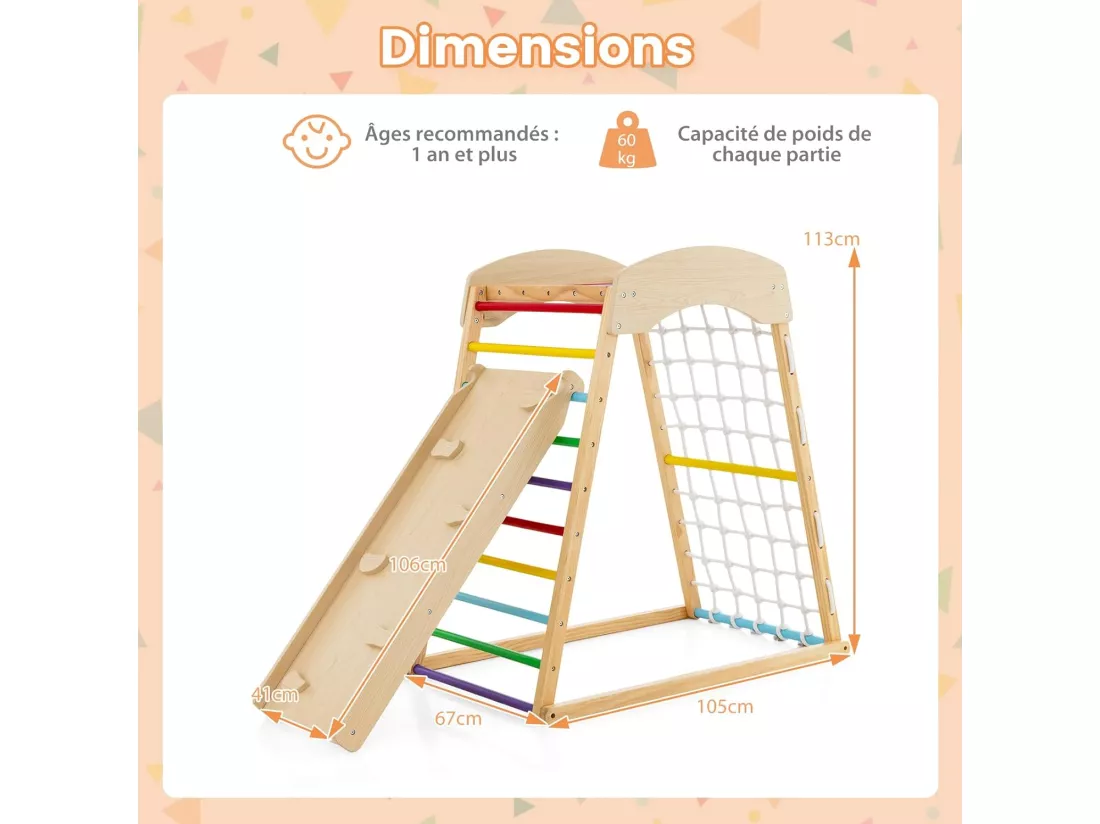 6 en 1 Triangle d'escalade en Bois Enfants avec Rampe Double Face, Aire de Jeu d’Escalade Intérieur avec Inclinaison Réglable, Filet et Echelle pour Grimper & Glisser pour 1 an+ (Multicolore)