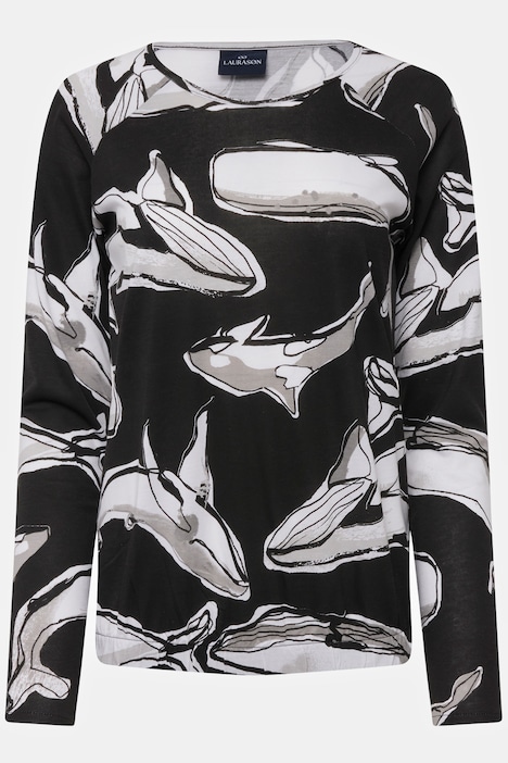 T-Shirt, Wal-Print, Rundhals, Langarm, elastischer Saum, OEKO-TEX