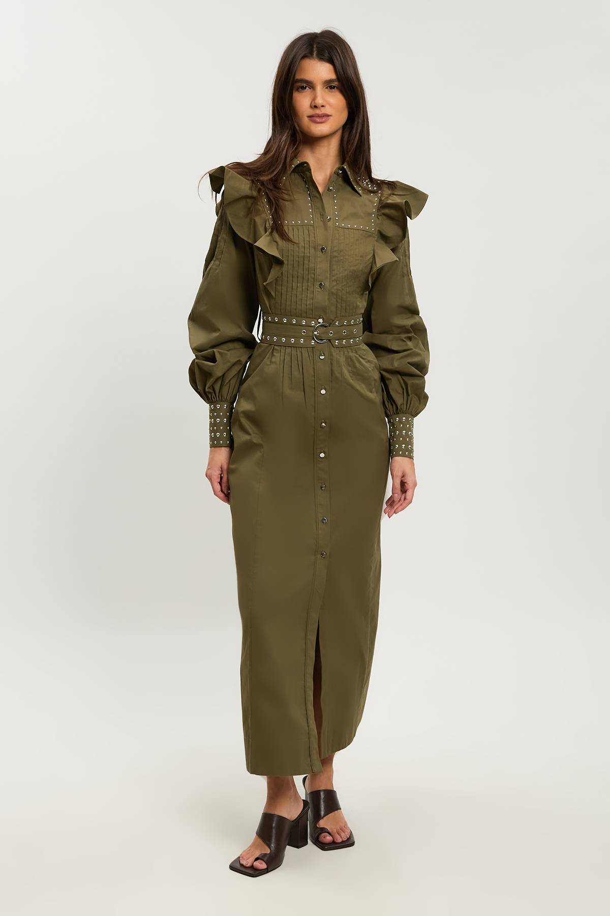 KarenMillen Robe Chemise Maxi En Coton Sateen À Manches Bouffantes Brodées Et Ceinture Cloutée