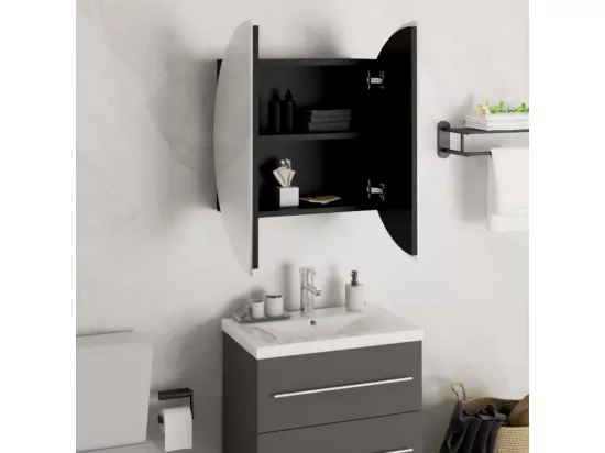 Armoire de salle de bain miroir rond et LED Noir 47x47x17,5 cm