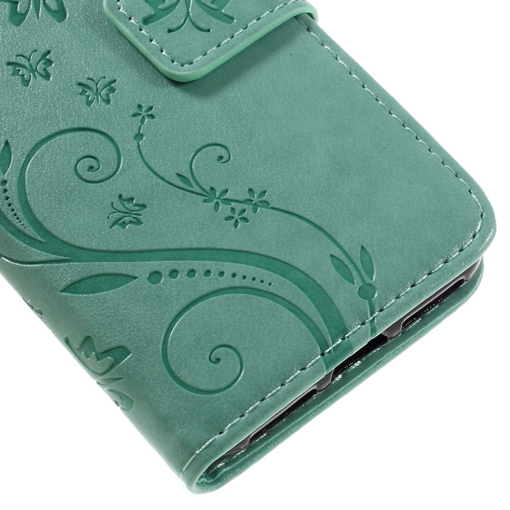 iPhone SE (2022/2020) / 8 / 7 Leder Tasche mit Kartenfach   Handschlaufe Butterfly Flowers - Türkis