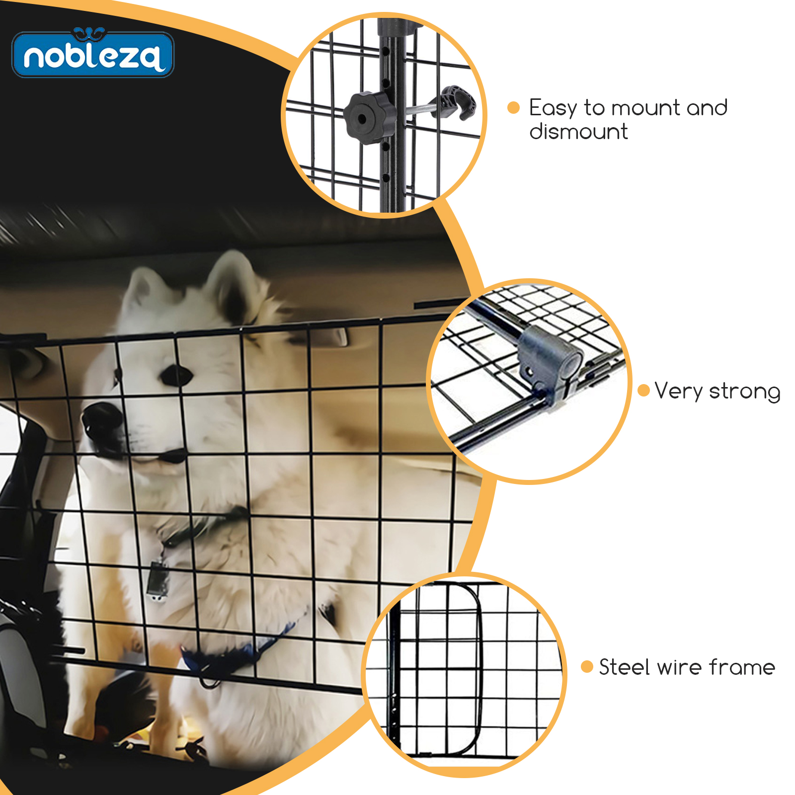 Nobleza - Grade de Segurança Automotiva para Cães, Universal e Extensível, Separador de Cães para Carro, Barreira de Segurança para Cães e Bagagem, Suporte para Cabeça de Animais de Estimação, 96-145x30cm, Aço
