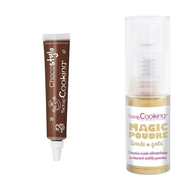 Stylo chocolat + Poudre alimentaire irisée dorée Scrapcooking