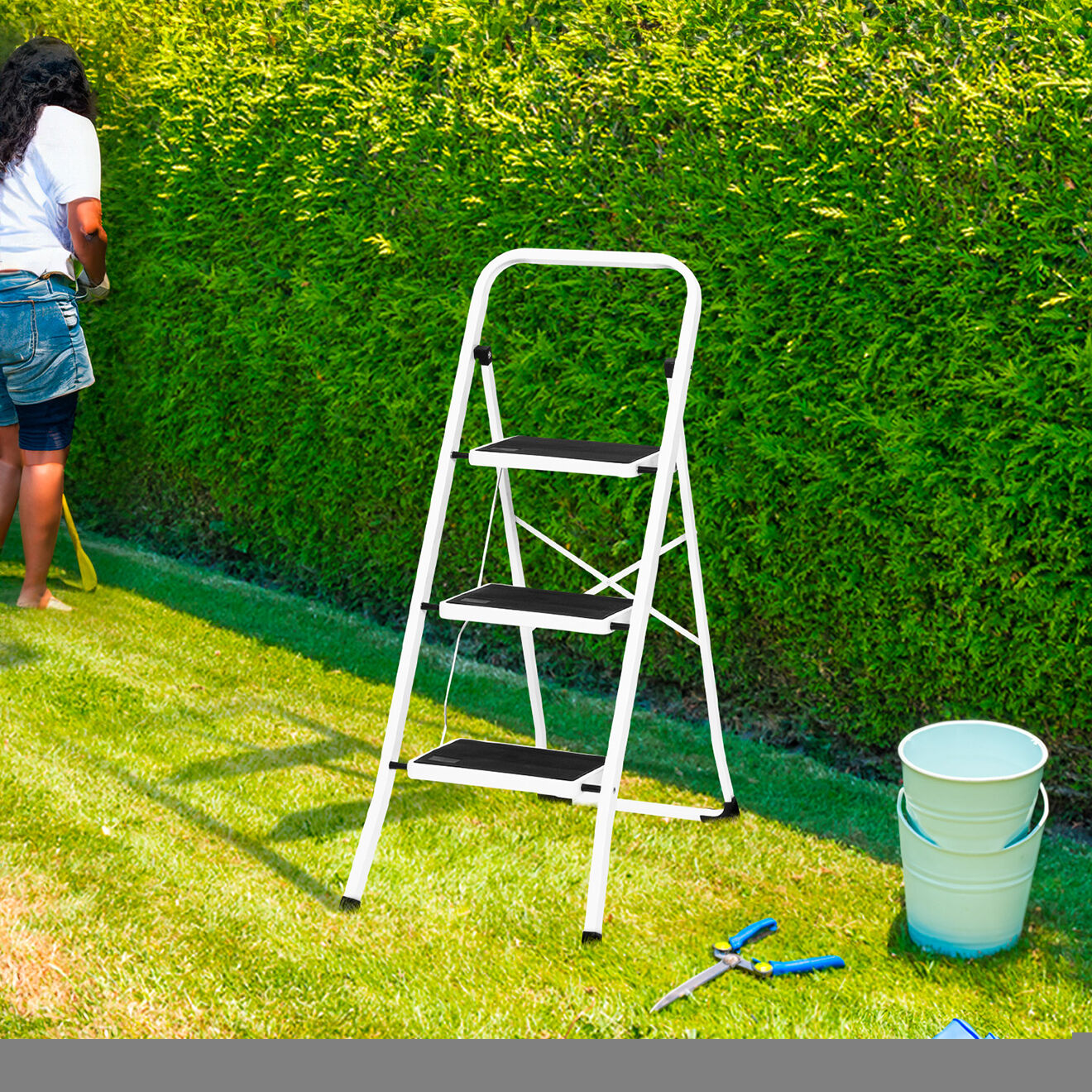 Pratik Garden Marche pieds pliable 3 marches antidérapantes avec garde corps blanc/noir - 44.5x68.5x101.5 cm