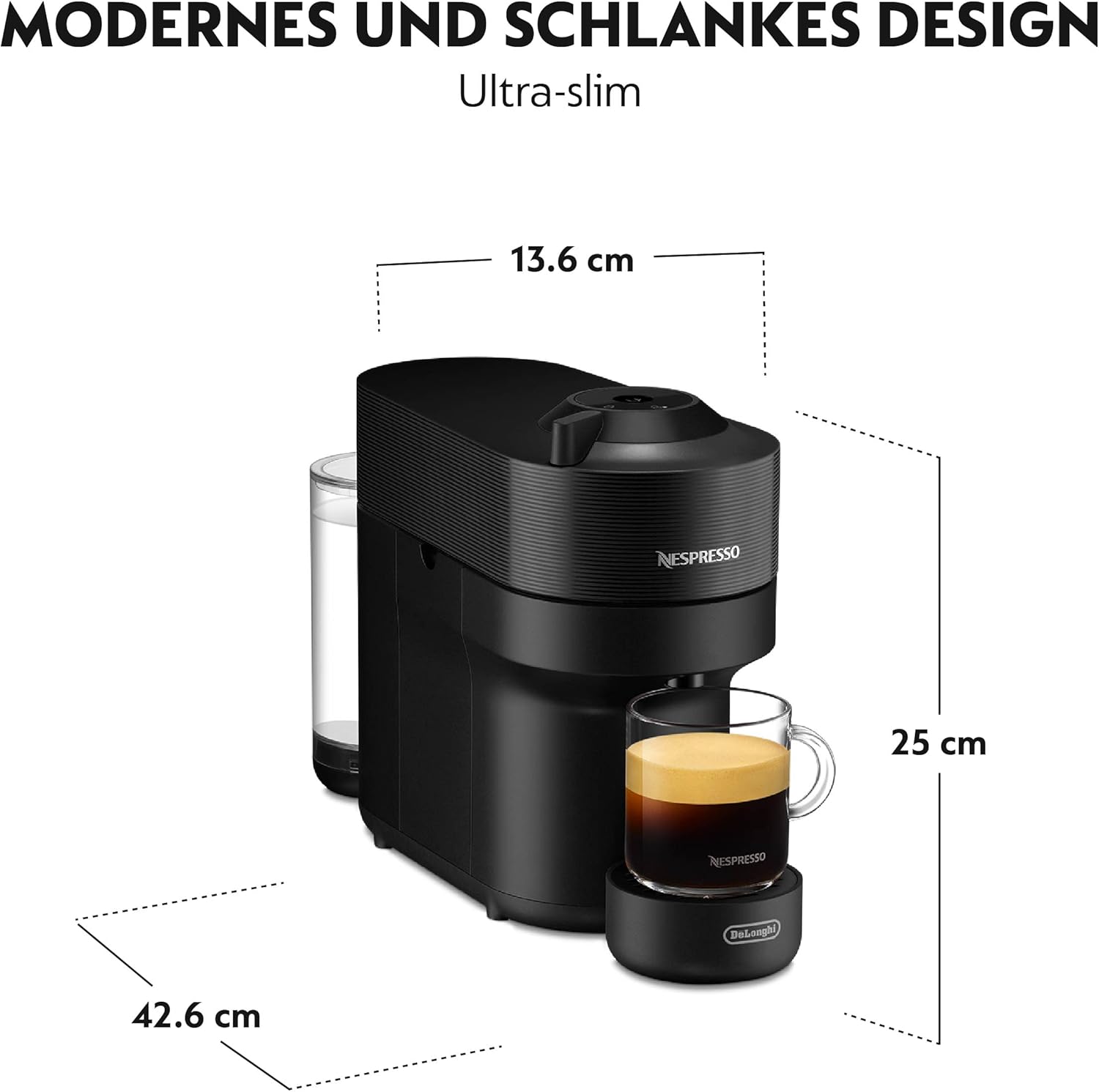 Nespresso De'Longhi ENV90.BAE Vertuo Pop, Kaffeekapselmaschine + Aeroccino, Centrifusion-Technologie, Willkommens-Paket Inbegriffen, 1260W, Schwarz