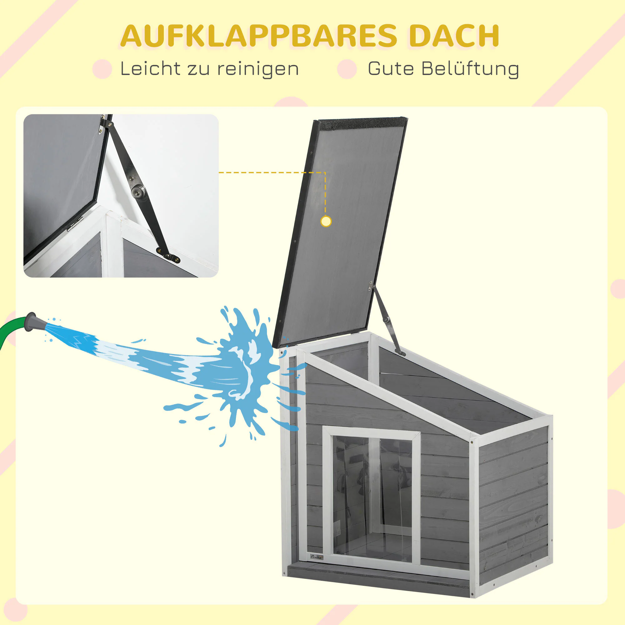 PawHut Hundehütte mit zu öffnendem Schrägasphaltdach grau, weiß 71L x 58B x 53-77H cm