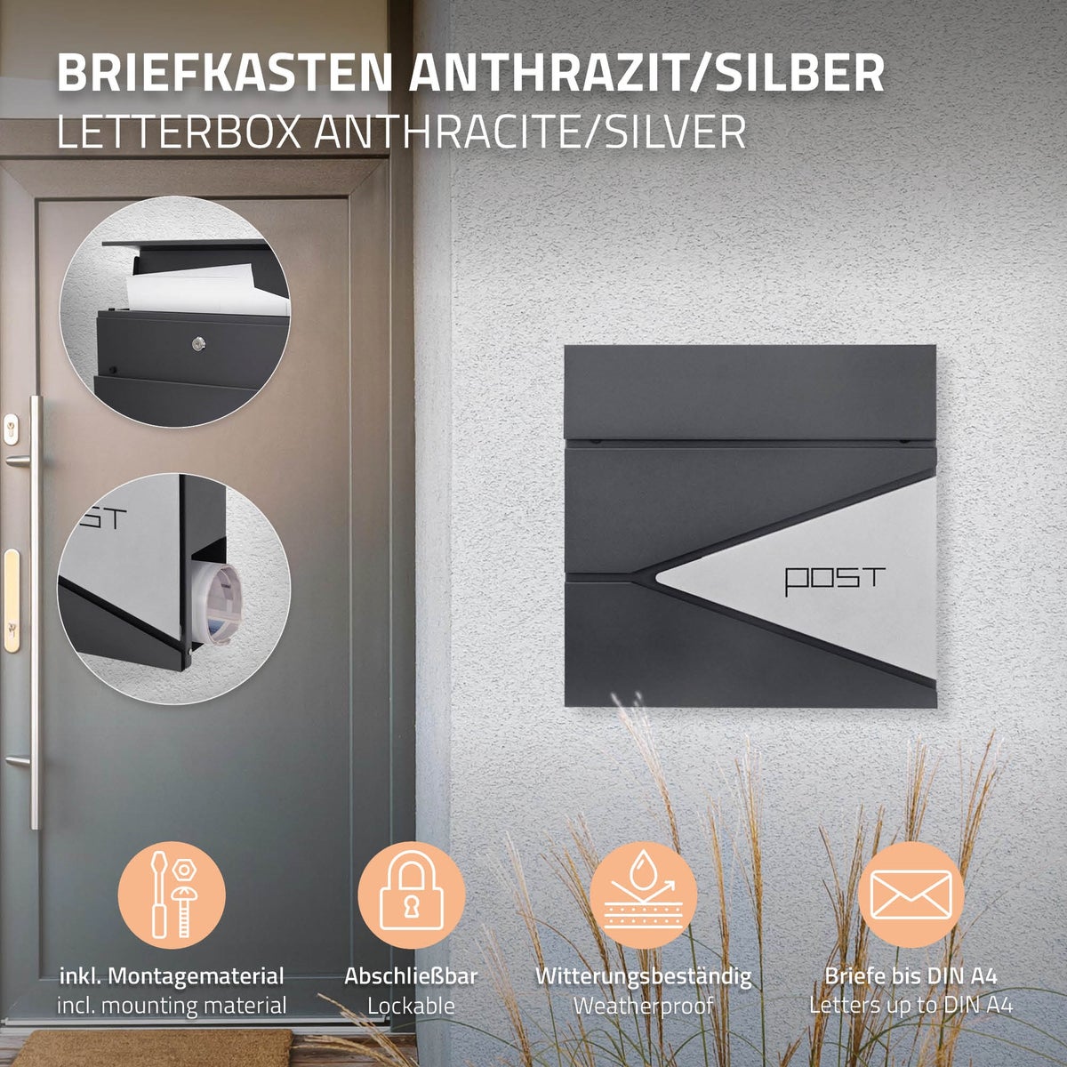 ML-Design Brievenbus Antraciet/Zilver, Gepoedercoat RVS, 37x37 cm, Brievenbus met krantenvak, Afsluitbaar met 2 sleutels, Design Wandbrievenbus met krantenrol, Brievenbus voor Wandmontage