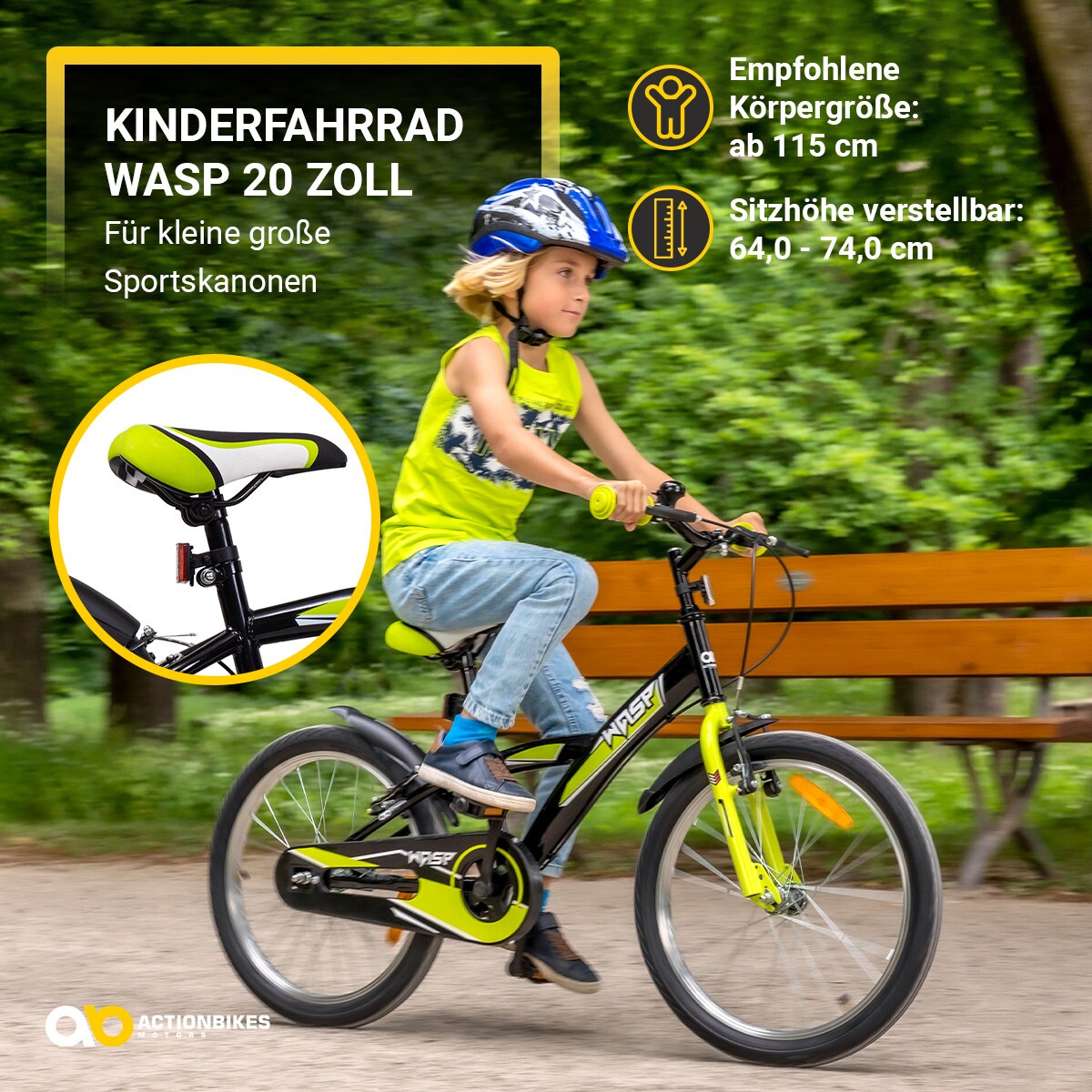 Actionbikes Kinderfahrrad Wasp 20 Zoll, Fahrradständer, Schutzbleche, verstellbar, V-Brake-Bremsen (Schwarz-Grün)