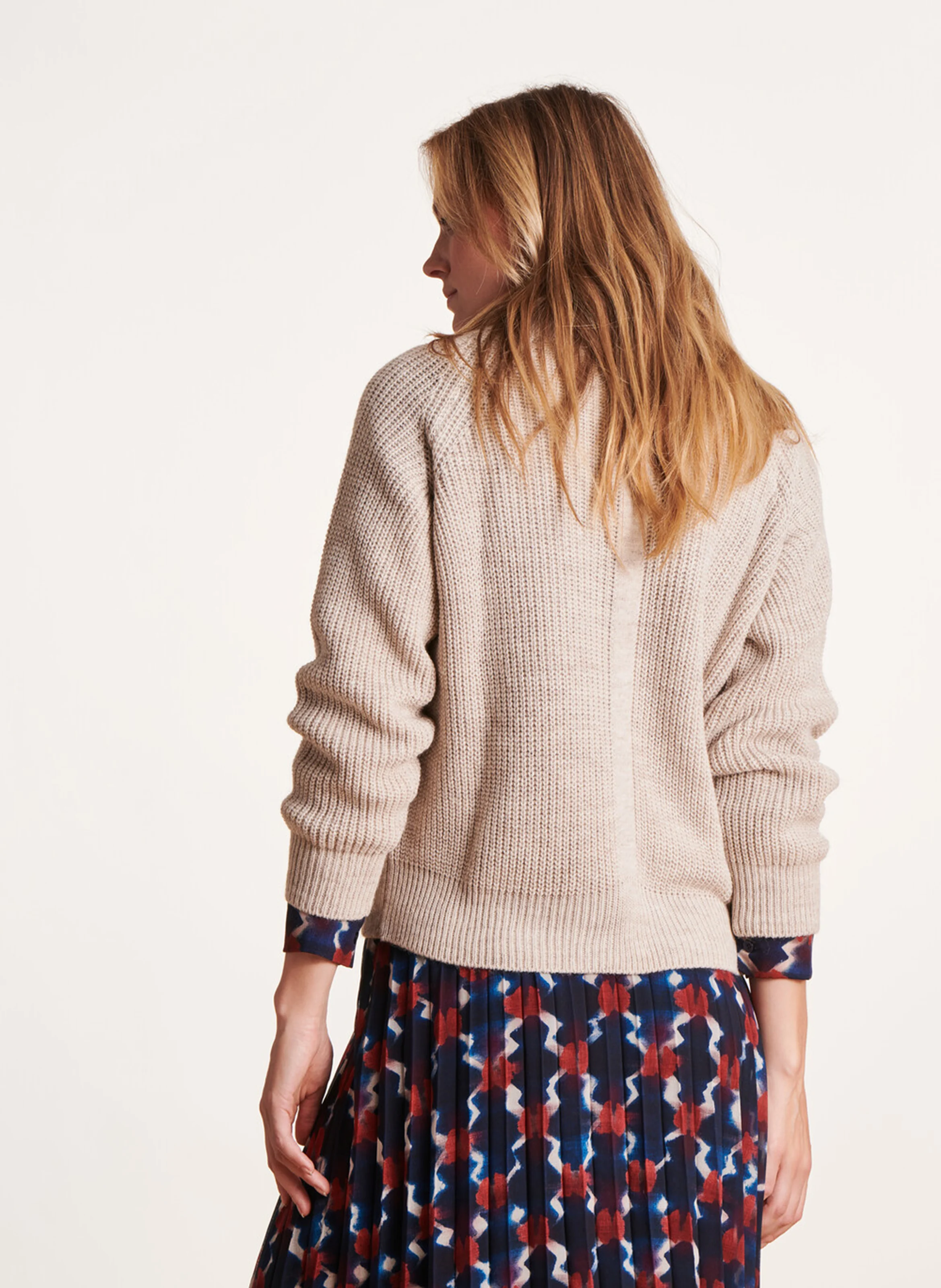 Pull droit col V en maille mélangée | Beige