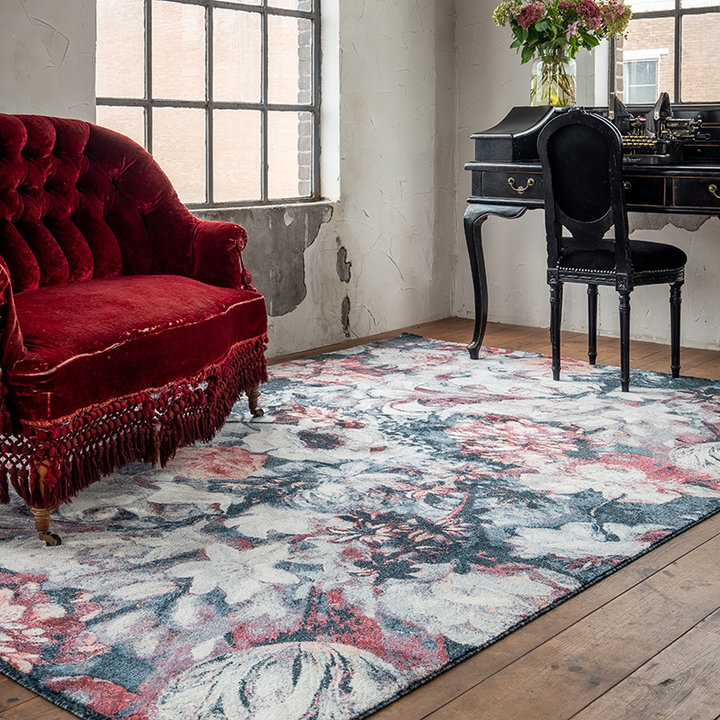 Bloemen vloerkleed - Flores Blauw/Rood | Hoge kwaliteit